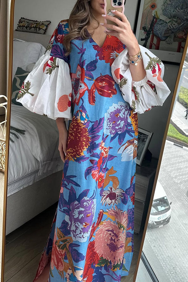 Robe longue Jaylah en lin mélangé à imprimé unique et manches bouffantes de couleur contrastée
