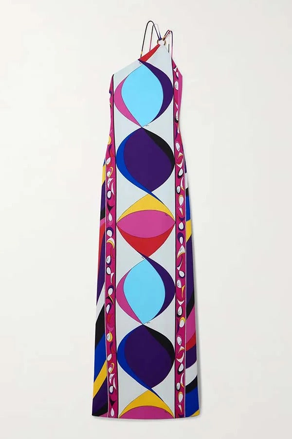 Rylin Unique Print One Shoulder Ring Strap Backless Slit Maxi Dress