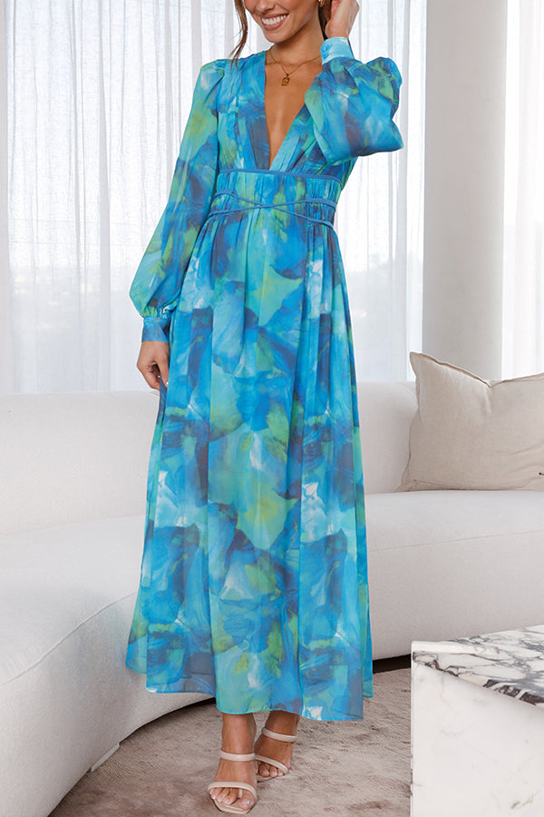Kayla Blue Floral Bubble Long Sleeve Maxi Dress