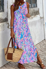 Purple Fluorescent Printed Round Neck Sleeveless Maxi Dress