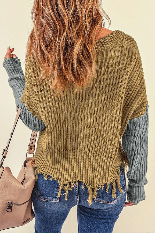 Casual Tassel Hem Pullover V Neck Sweater