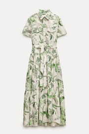 Green Floral Print Shirt Long Dress