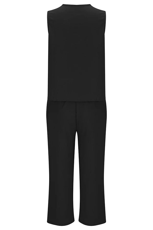 Mchoice Women's Summer Outfits Fashion V-neck Solid Color Sleeveless Tops and Loose Pocket Pants Suit