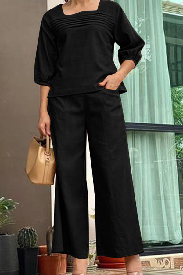 Loose solid color long sleeved top wide leg pants set