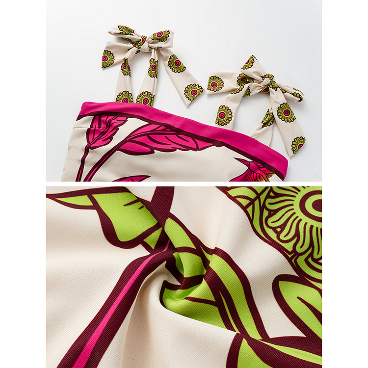 Maillot de bain une pièce imprimé plantes tropicales avec nœud papillon sur l'épaule et pantalon 