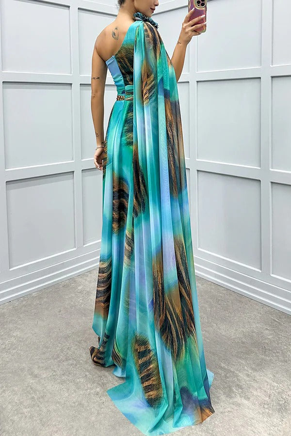 Robe longue à imprimé floral unique Lucia, asymétrique, manches drapées