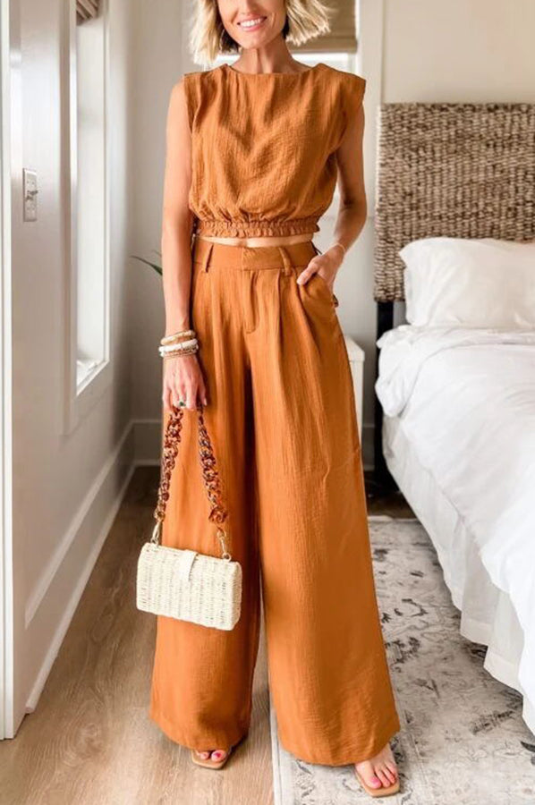 Chic Wear Tooptions – Kurzes Top aus Leinenmischung und Hose mit Taschen und elastischer Taille