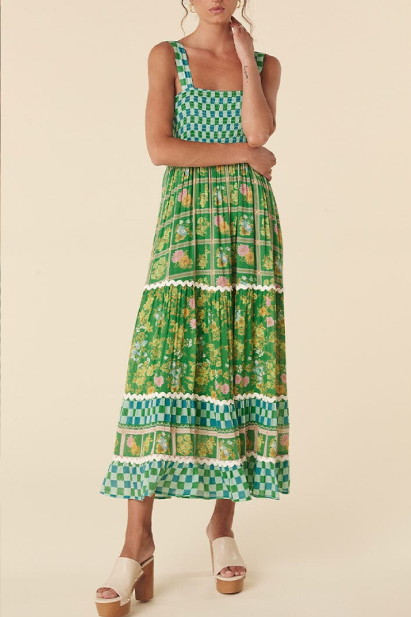 Robe longue à imprimé unique, buste froncé, dos lacé