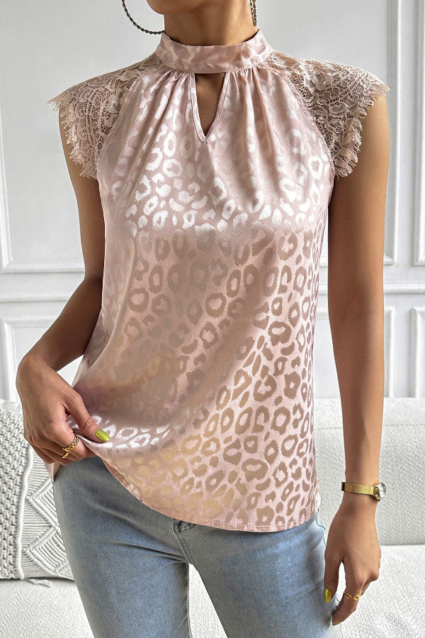 Elegant Stand Collar Leopard Lace Panel Top