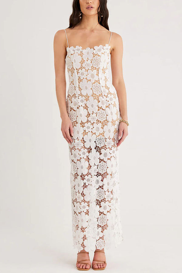 Feel Luxurious and Beautiful Crochet Flower Lace Maxi Dress