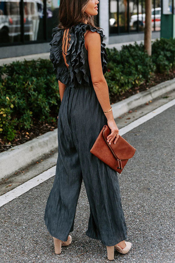 Ruffle Neckline Wide Leg Jumpsuit