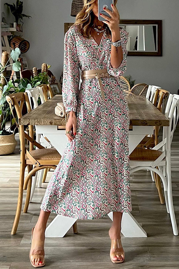 V-neck Multi Print Midi Dress