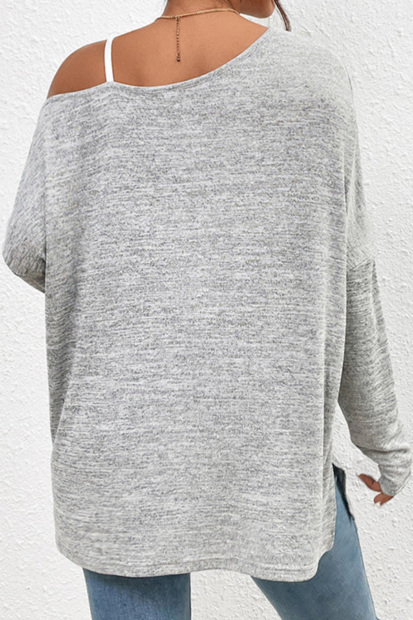 Solid color shoulder sling top casual loose long-sleeved t-shirt