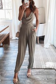 Cowl Neck Open Back Top & Pleated Pants Suit