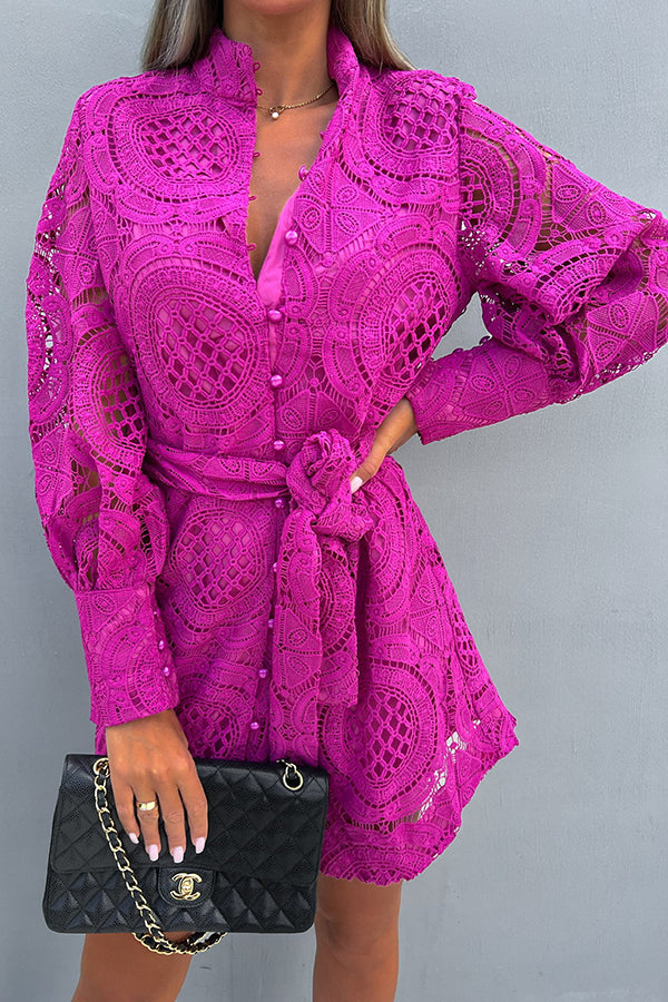 Crochet Lace Belted Shirt Dress