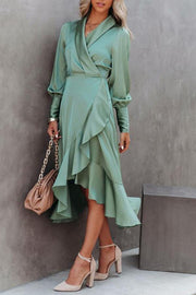 V Neck Long Sleeve Waisted Ruffle Dress