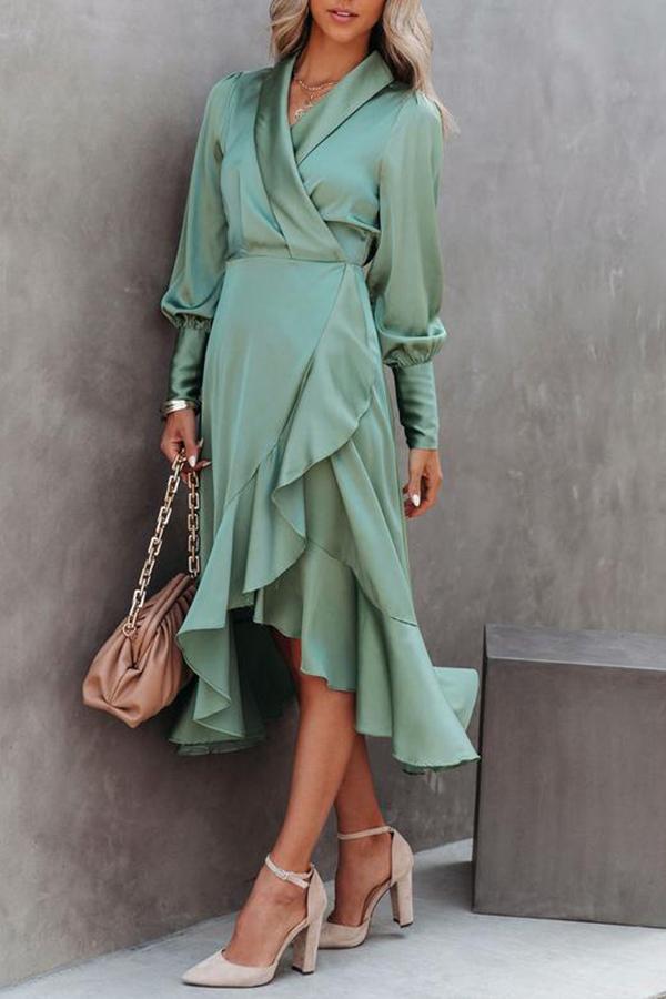 V Neck Long Sleeve Waisted Ruffle Dress