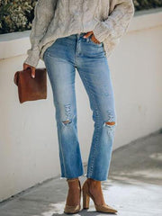 Distressed Ripped Straight-Leg Cropped Jeans