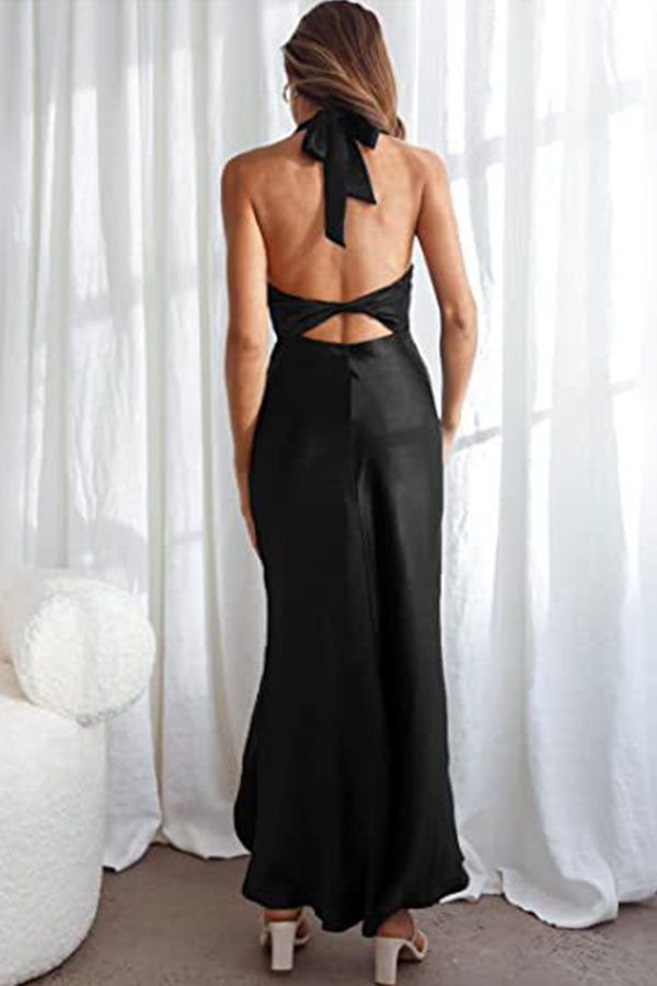 Solid satin halterneck open-back slit midi dress