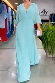 Solid Color Half Sleeves V-Neck Maxi Dresses