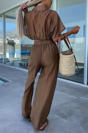 First Choice for Vacation Wrap Blouse and Pocketed Elastic Waist Pants Set