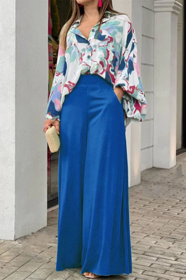 Casual Print Shirt & Wide Leg Pants Two-Piece Set