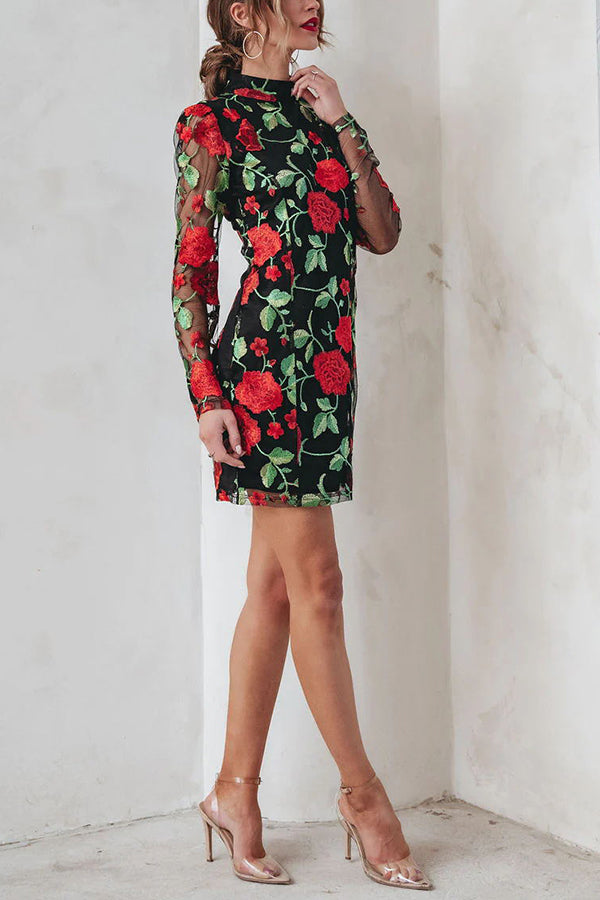 Hello Beautiful Embroidered Floral Mesh Mini Dress