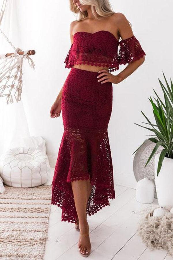 Lace Boat Neck Top+Lace Dress Two-piece