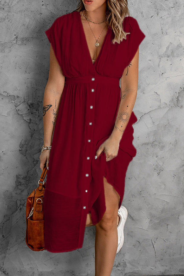 Deep V Short Sleeve Waist Dress