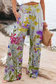 Printed High Waist Slip Pocket Casual Wide Leg Pants