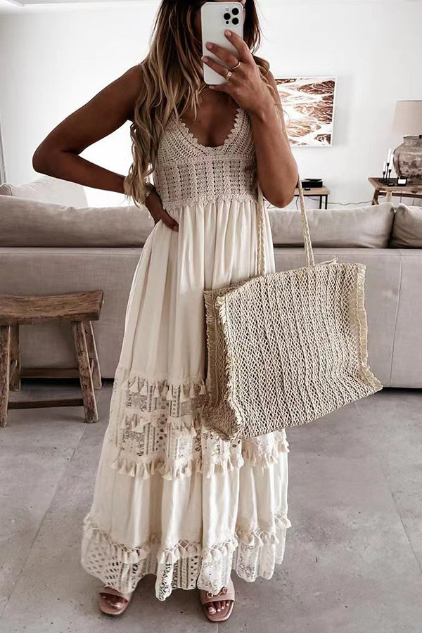 Lässiges, ärmelloses, langes Kleid mit Spitzeneinsatz