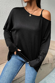 Solid color shoulder sling top casual loose long-sleeved t-shirt