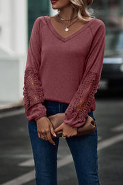 Loose Casual V-Neck Lace Long Sleeves