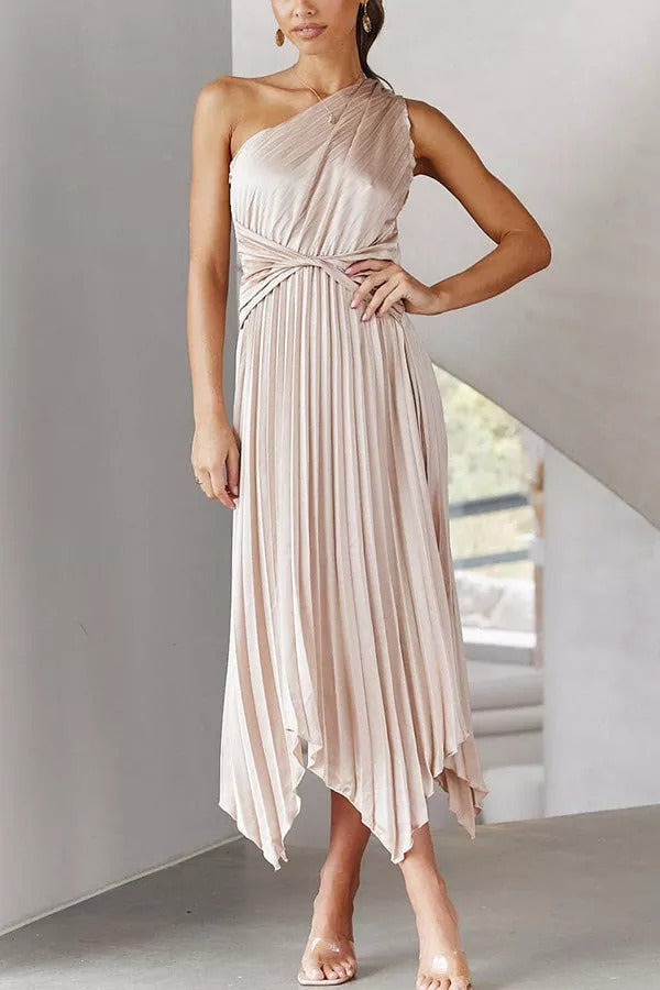 Plissiertes Midikleid aus Satin mit One-Shoulder-Träger