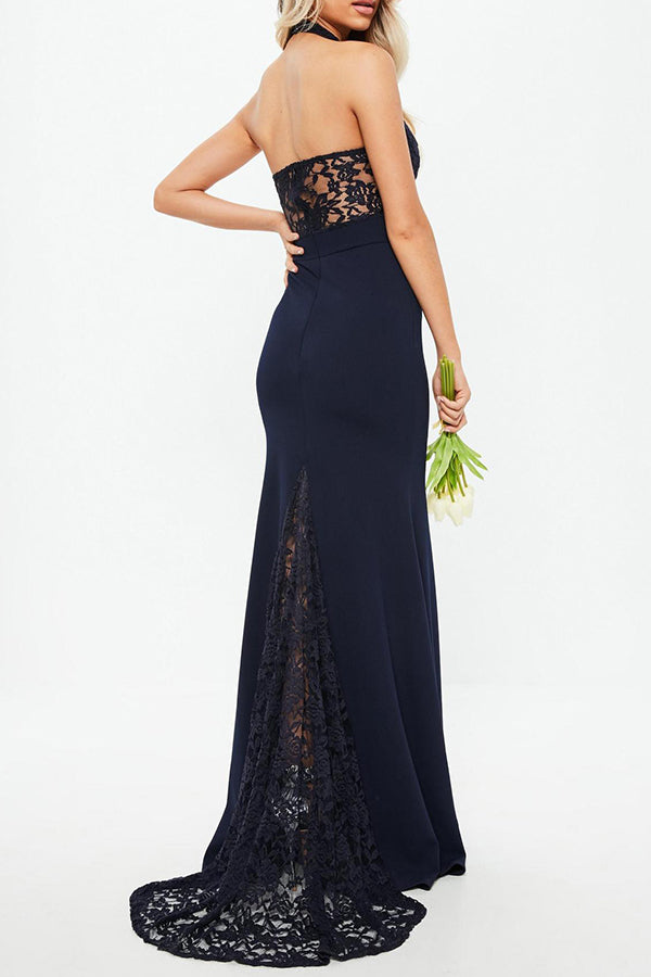 Sexy Halter Neck Backless Lace Wedding Gown Long Dress