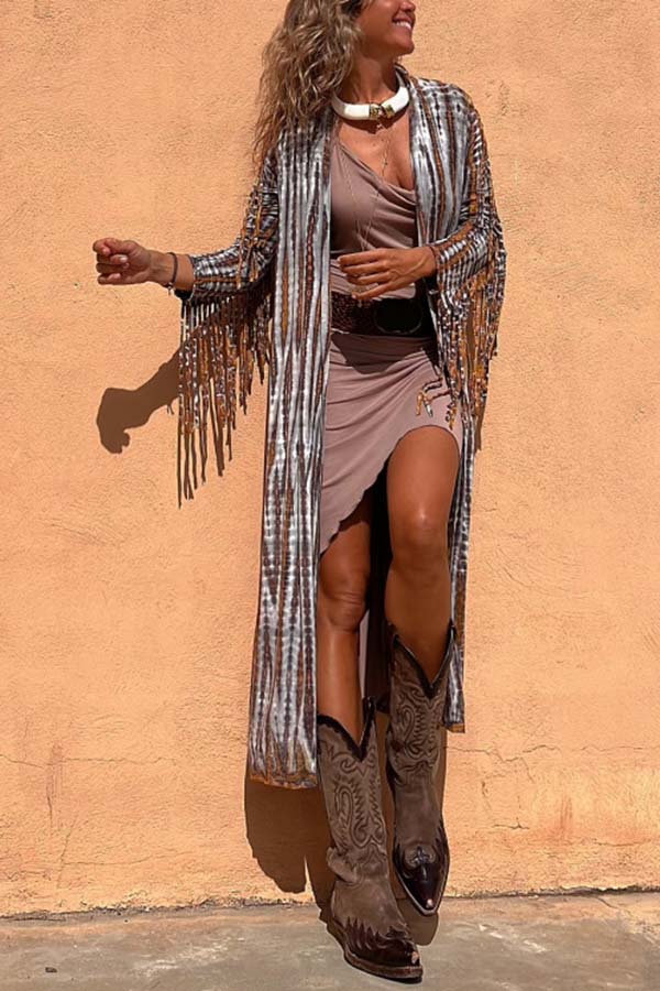 Evaluna Tie-dye Print Tassel Sleeve Midi Cover-up