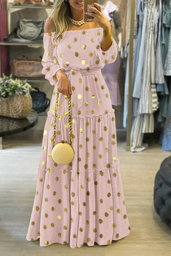 Modisches bedrucktes langes Kleid mit Boho-Punkten und Puffärmeln für Damen 