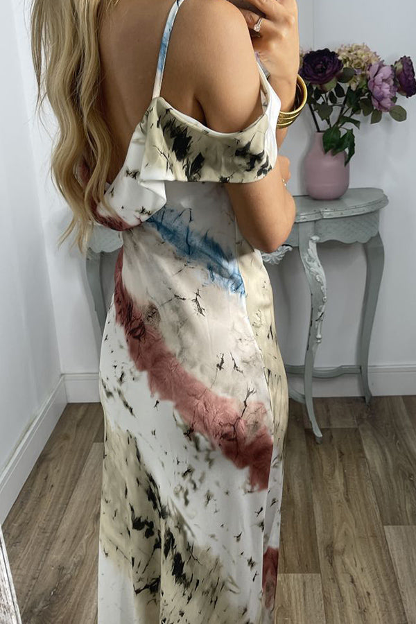 Tie-dye strappy ruffled collar one-shoulder dress