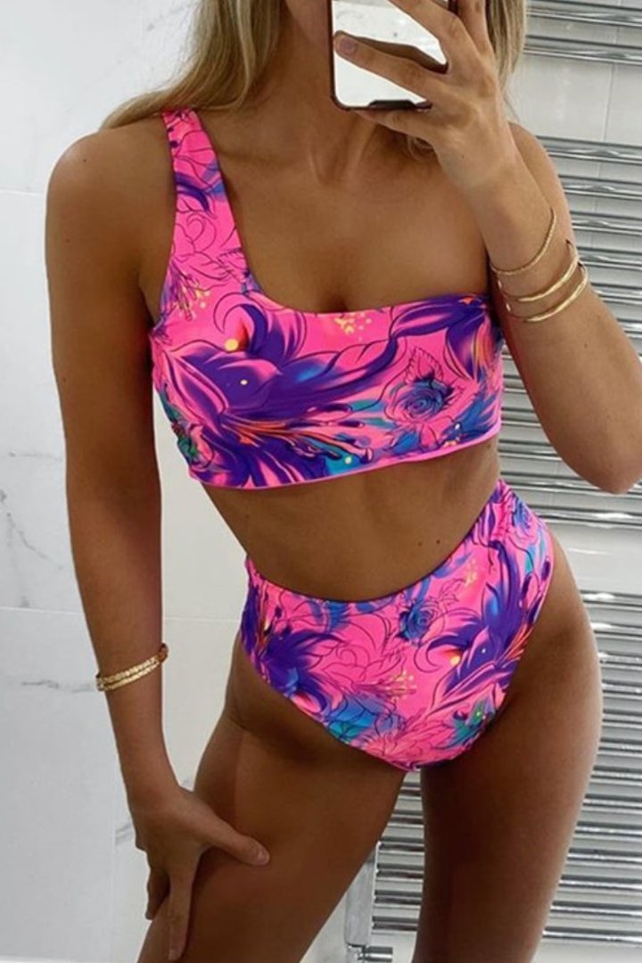 One Shoulder Floral Print Pink Tankini Bikini Set