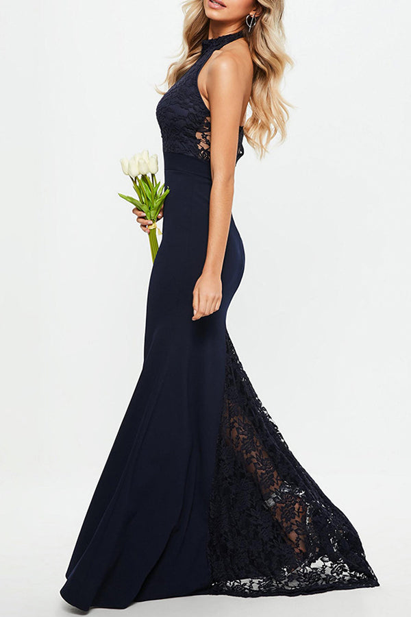 Sexy Halter Neck Backless Lace Wedding Gown Long Dress