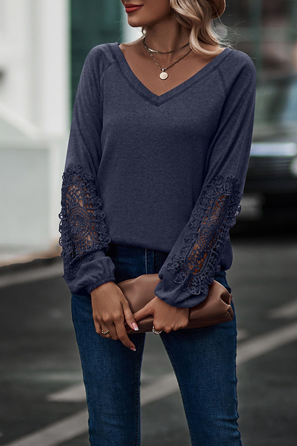 Loose Casual V-Neck Lace Long Sleeves