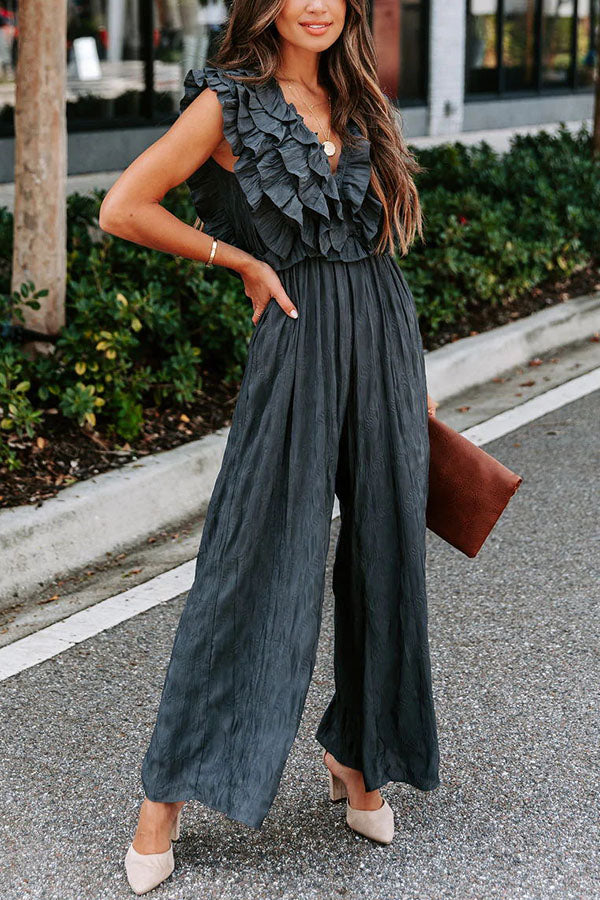 Ruffle Neckline Wide Leg Jumpsuit