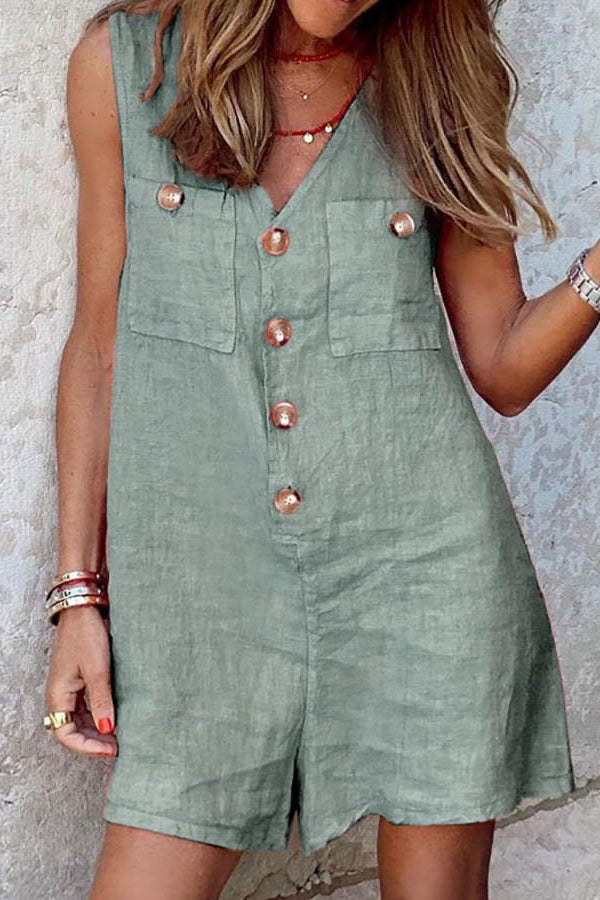 V-neck button patch tank top Rompers