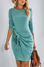 Fashion Round Neck Long Sleeve Solid Color Slim Fit Ladies Dress