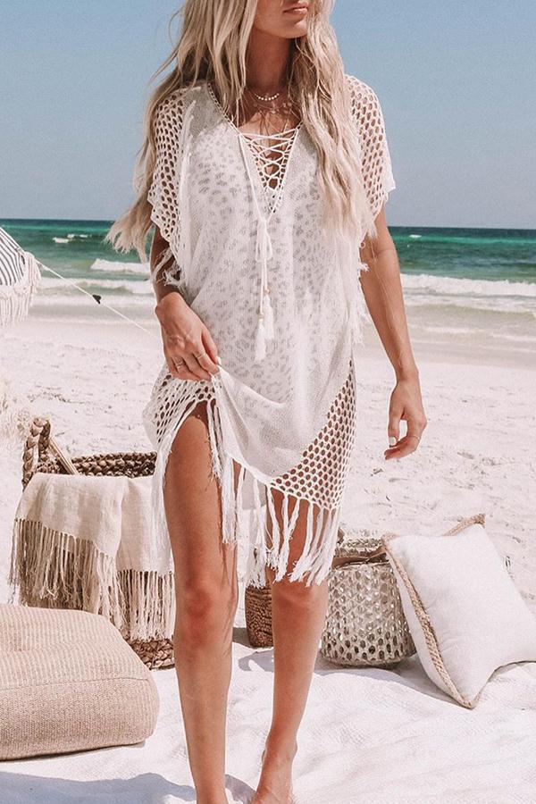 Chemisier de plage à franges en tricot creux avec barbe suspendue