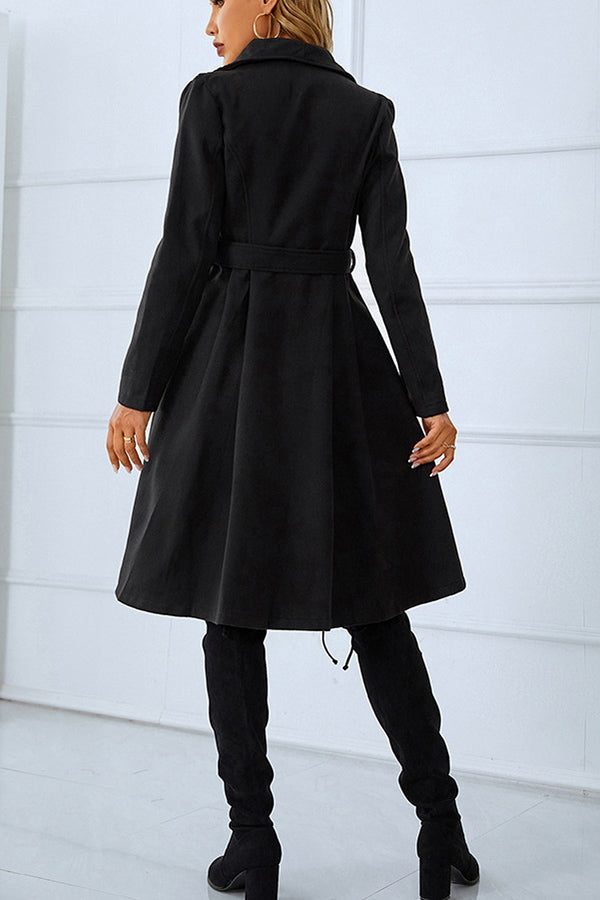 Double-breasted belted long-sleeve woolen fashionable black coat