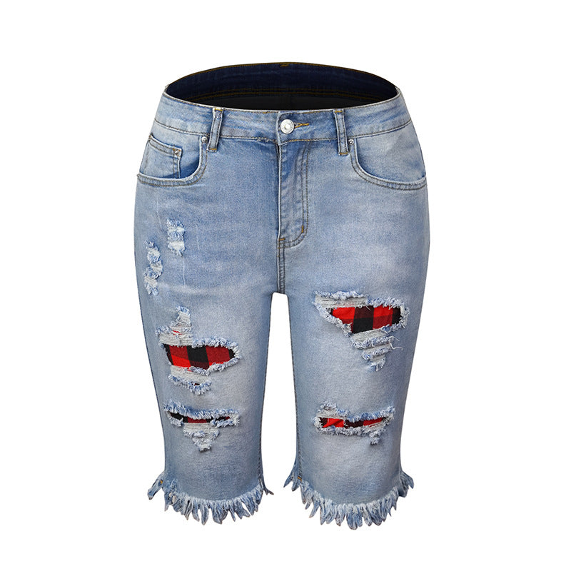 Tassel High Stretch Perforated Denim Shorts