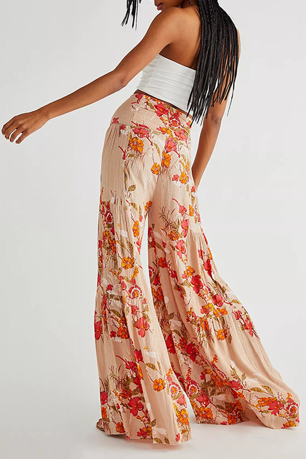 Printed Women's Loose Beach Wide Leg Lace-up Trousers