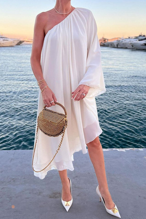 Fashionable Sloping Shoulder One-sleeve Solid Chiffon Dress