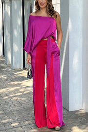 Get Obsessed Satin One Shoulder Top and Pocketed Color Block Pants Set